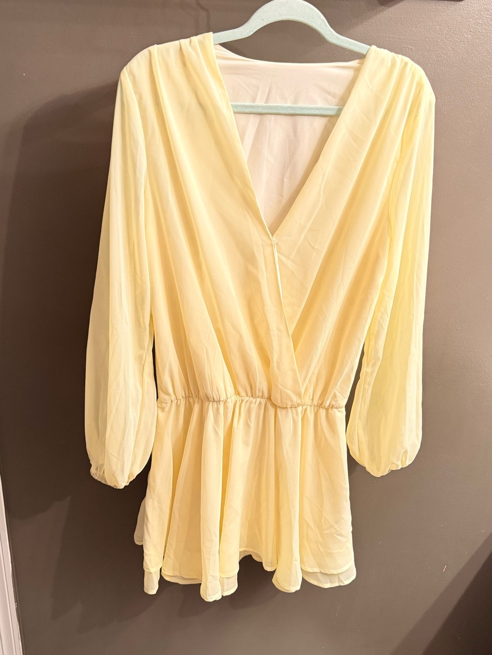 SHEIN Pale Yellow V-Neck Long Sleeve Mini Dress